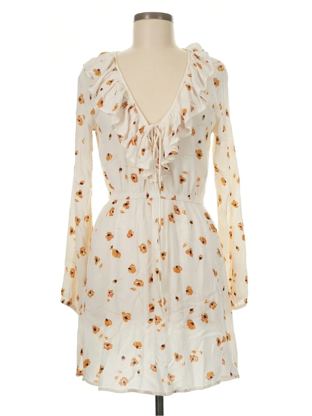 Billabong Cream Long Sleeve Ruffle V-Neck Dress with Yellow Floral Print